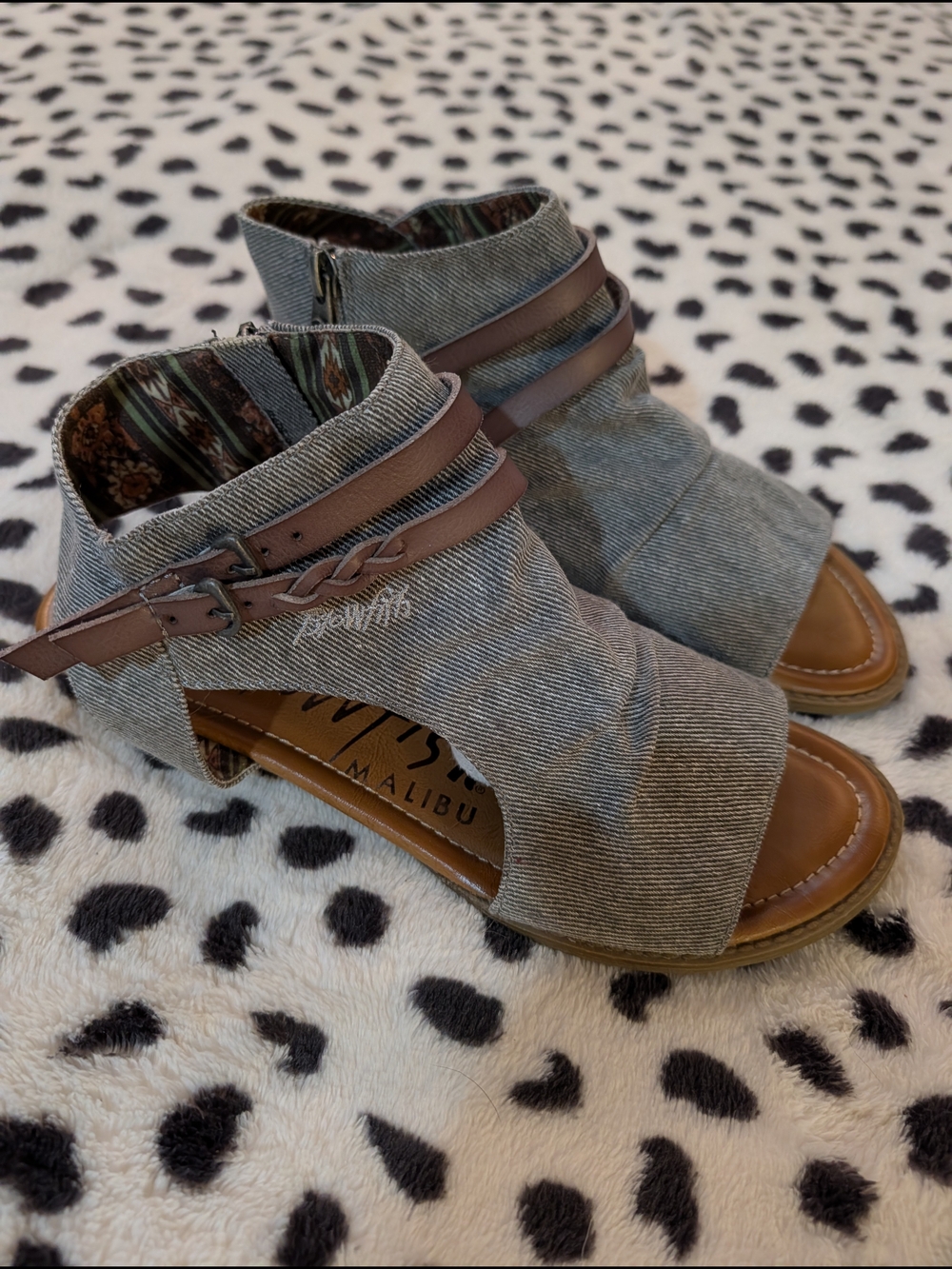 Blowfish Open-Toe Ankle Sandal in Gray with Brown Straps